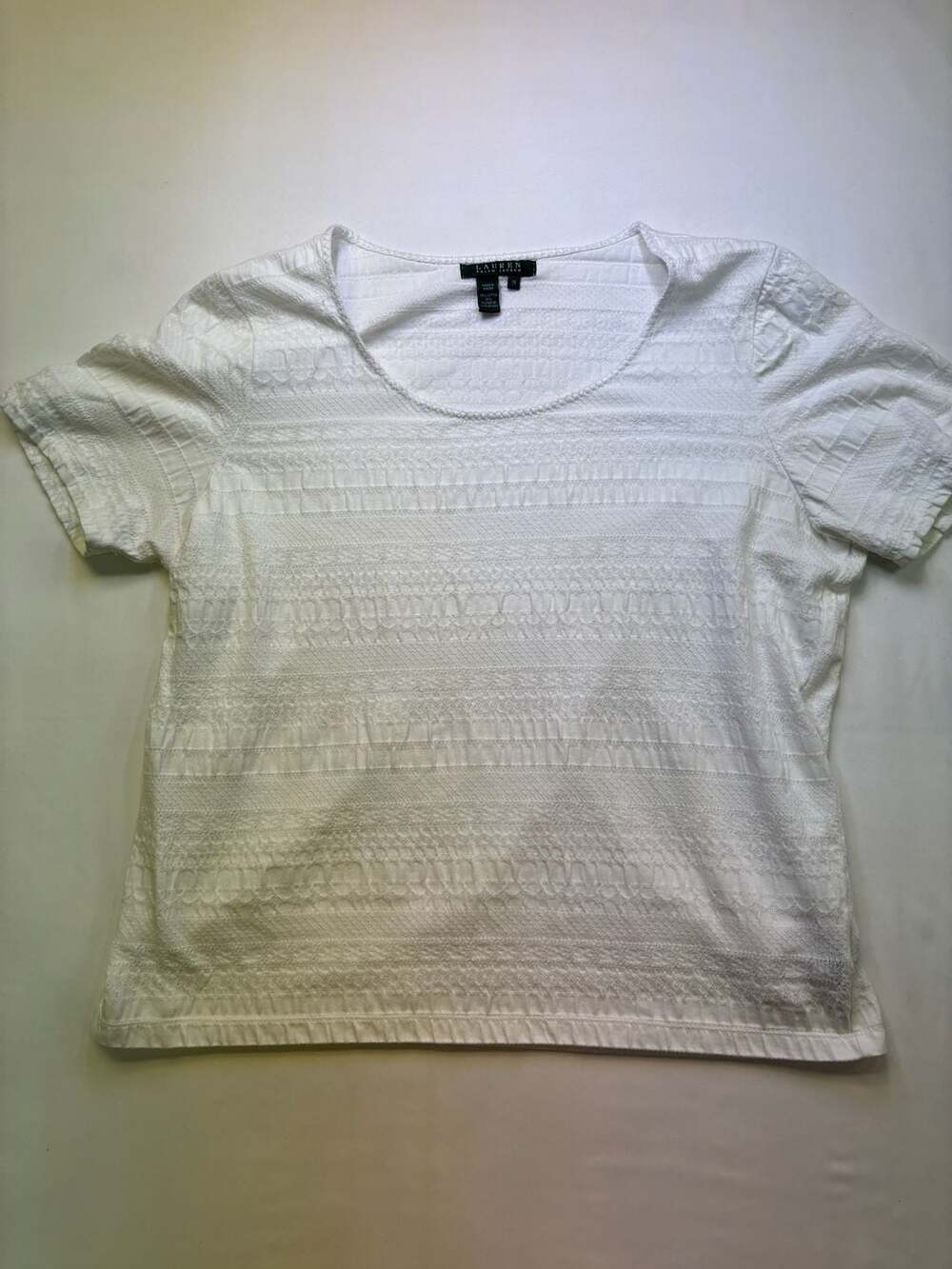Lauren Ralph Lauren Women's White Textured Short Sleeve Scoop Neck Top Size 1X